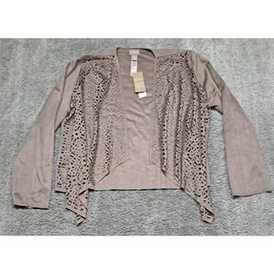 New Chico's Cardigan Womens  2 Jacket Suede Draped Open Front Cutwork Perforated